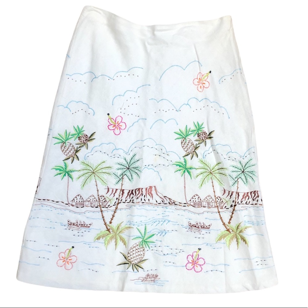 Willi Smith Women’s Size 8 Linen Skirt with Tropical Beach Scene Print Beaded